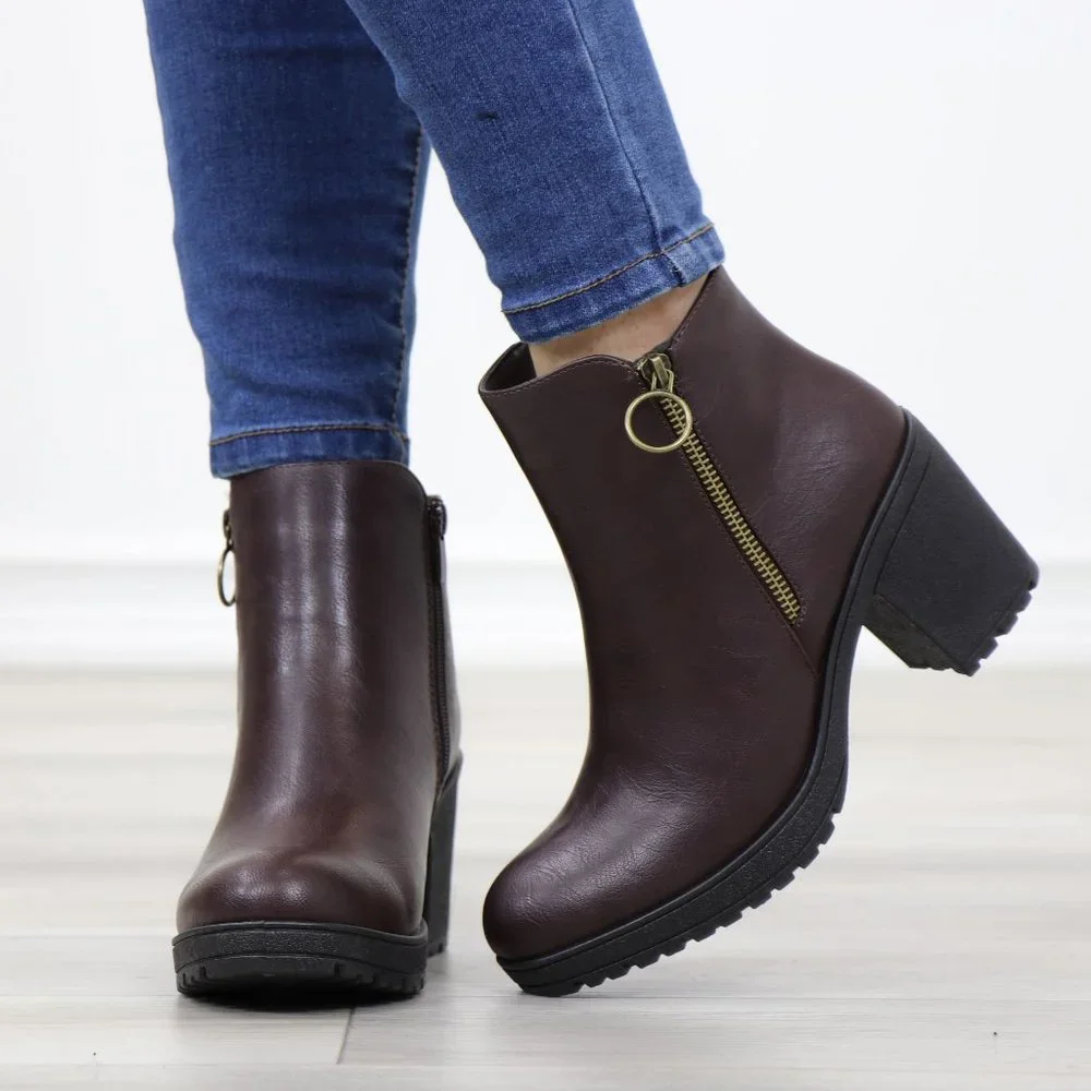Brown Synthetic Leather Chunky Lug Block Heel Round Toe Ankle Boots - Picture 11 of 11